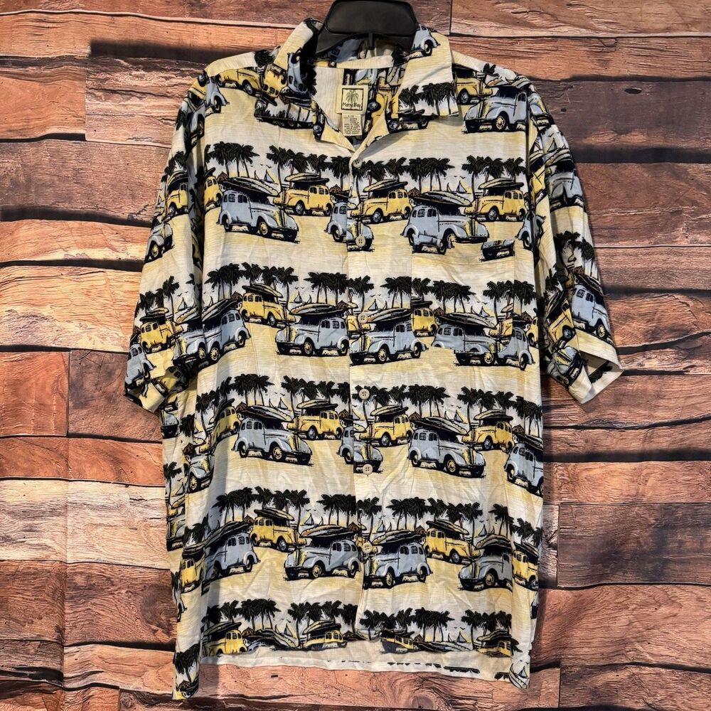 Morro Bay Hawaiian Shirt Large L Viscose Rayon Yellow Woodie Surf Car Surfboard
